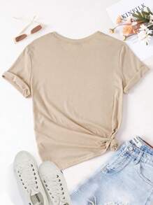 1 件女式时尚休闲短袖 T 恤，带口号印花耶稣之路真理生活图案 T 恤女式上衣 - 卡其色 - 查看 2