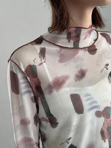 FRIFUL Ladies' Tie Dye Sheer Mesh Top Long Sleeve Women Tops,Fall Women Clothes Easter - Red - View 7