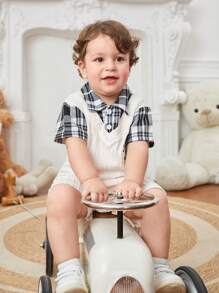 Baby Boys' Summer New Arrival 2 In 1 Plaid Shirt Shorts Set, 2pcs - Beige - View 6