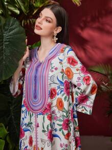 Al Najma 女款花朵印花喇叭袖阿拉伯長袍連身裙 - 彩色 - 查看 3