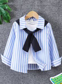 SHEIN 男孩彩色條紋拼接斗篷式襯衫 - 藍白色 - 查看 1