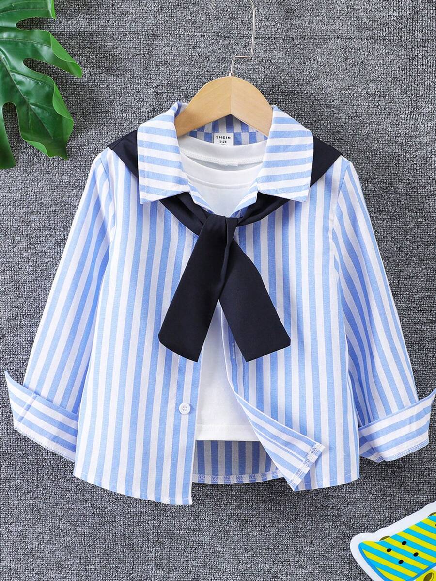 SHEIN 男孩彩色條紋拼接斗篷式襯衫 - 藍白色 - 查看 1
