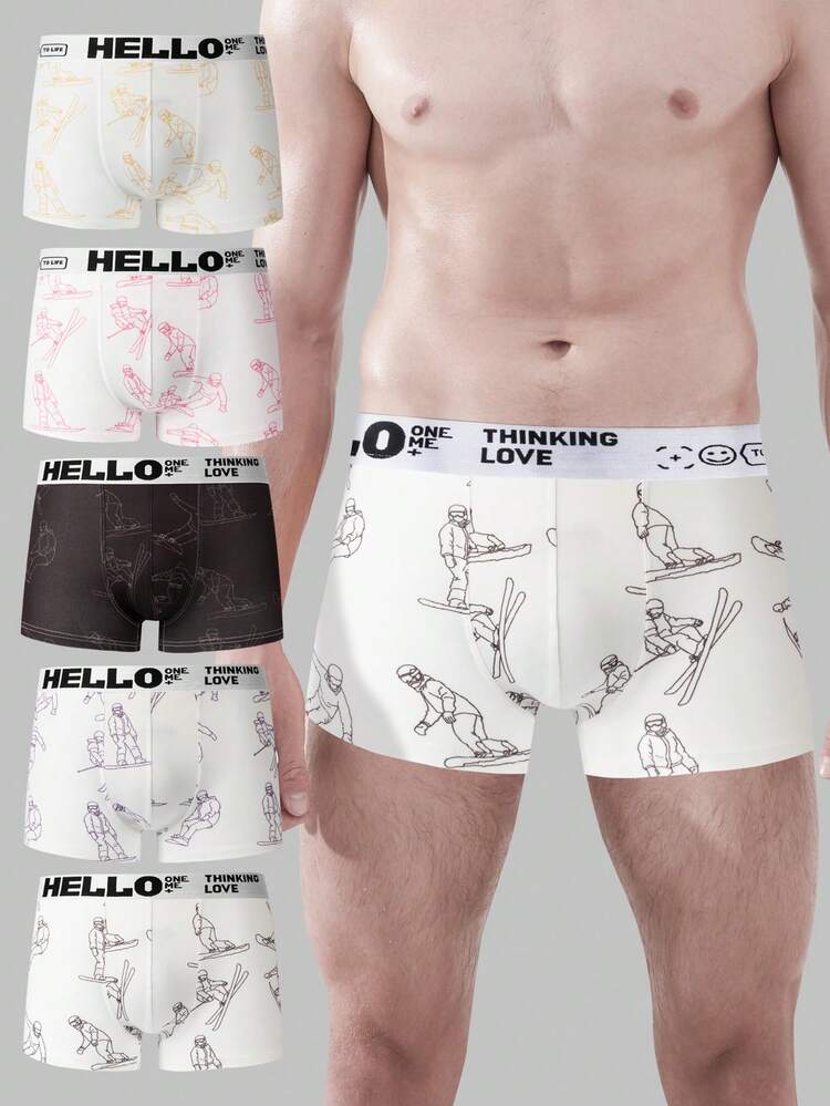 5pcs/Set Men's Character Skiing Pattern Printed Boxer Briefs