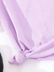 SHEIN Camiseta púrpura de cuello redondo para niña preadolescente con mangas abullonadas de flores 3D - Morado - Ver 5