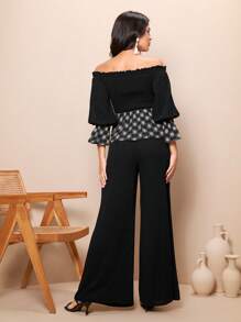 Seusyu Patchwork Flower Embroidered Off Shoulder Top And Wide Leg Pants 2 Pieces Set - Black - View 11