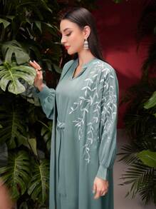 Al Najma Áo khoác dài tay thêu hoa dành cho nữ và váy không tay thắt lưng 2 món/bộ, bộ abaya dài kín đáo 2 món - Màu xanh Bạc hà - Xem 5