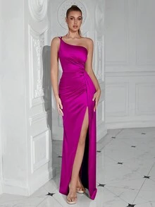 ADYCE 1 peça vestido longo plissado de um ombro só com fenda alta e cauda longa para festa de dança formal, baile de formatura elegante, vestido de convidado de casamento, para formatura, jantar - Rosa Quente - Ver 3