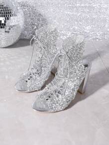 Dép quai ngang mũi nhọn lấp lánh/Xăng đan/Giày cao gót nữ - Bạc - Xem 2