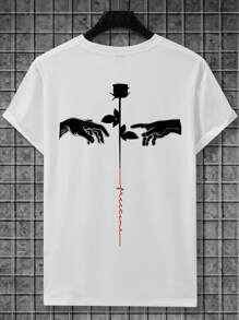 Manfinity LEGND 男士花卉和手势印花短袖 T 恤，街头服装，男朋友礼物，适合外出 - 白色 - 查看 4