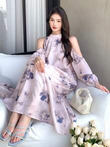 DAZY Tie Dye Open Shoulder Loose Fit Casual Dress Sundress,Fall Clothes Long Sleeve Dress Vacation Outfits Women Boho - Beige - View 1