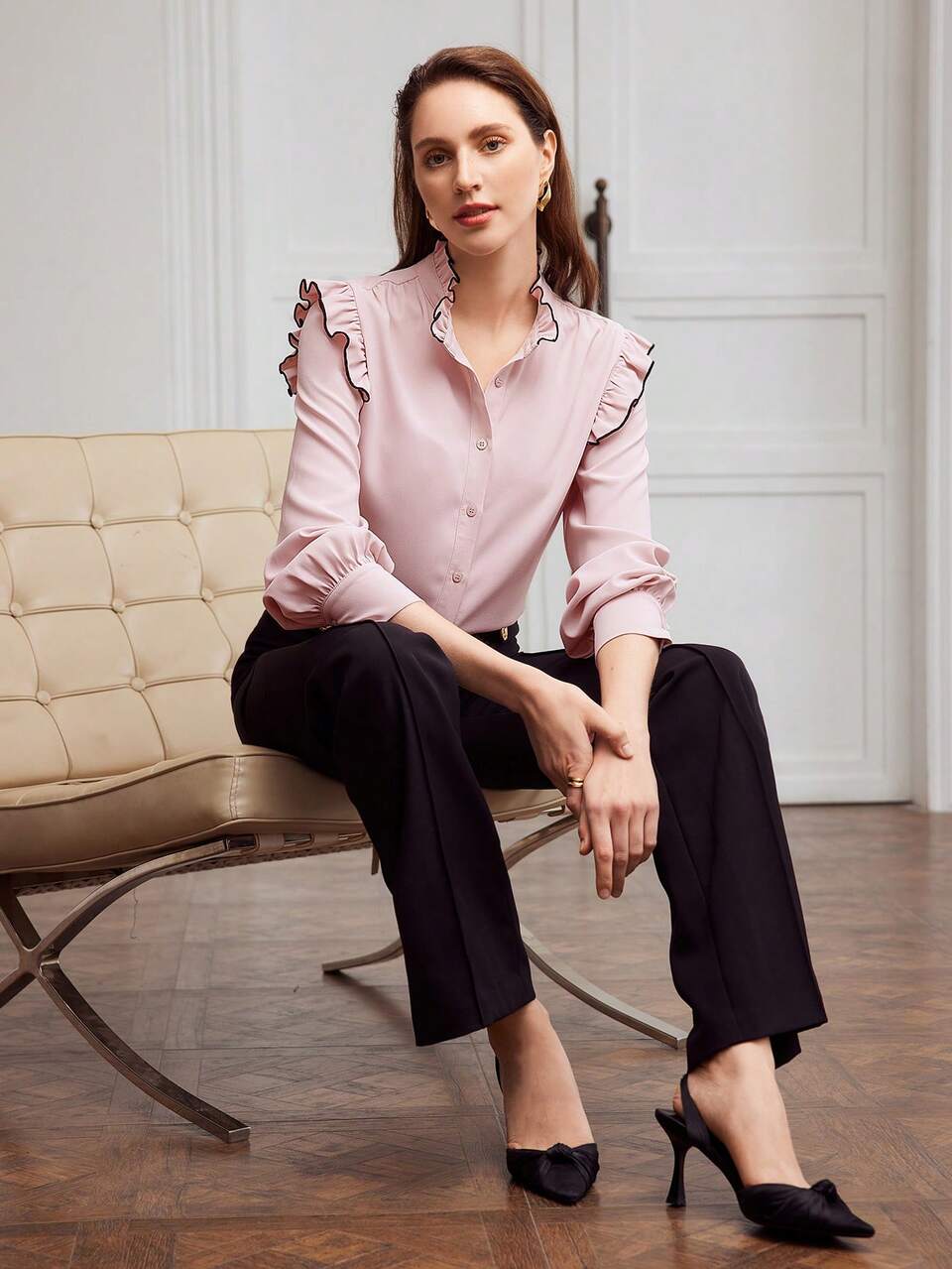 MOTF CONTRAST BINDING RUFFLE TRIM SHIRT