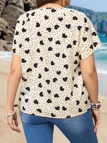 EMERY ROSE Blusa de manga corta con estampado de corazón y lunares para mujer de talla grande en verano