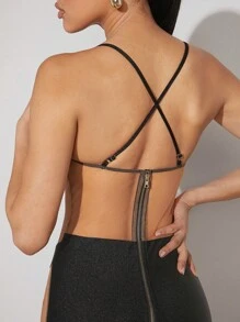 Hauture Women's Mesh Insert Bustier Strap Slim Fit Jumpsuit Unitard - Multicolor - View 6