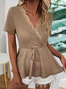SHEIN LUNE Camiseta Texturizada Con Encaje Para Mujer - Marrón - Ver 6