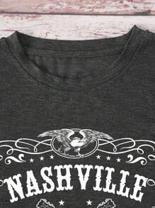 INAWLY شيرت كاجوال بطبعات على شكل جيتار وحروف للصيف، تيشرت نسائي للحفلات الموسيقية الريفية - رمادي غامق - مشاهدة 3