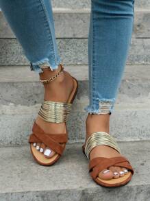 Women's Flat Sandals With Crossing Strap, Slip-On Design, Gold, Plus Size - Brown - View 3
