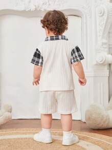 Baby Boys' Summer New Arrival 2 In 1 Plaid Shirt Shorts Set, 2pcs - Beige - View 2
