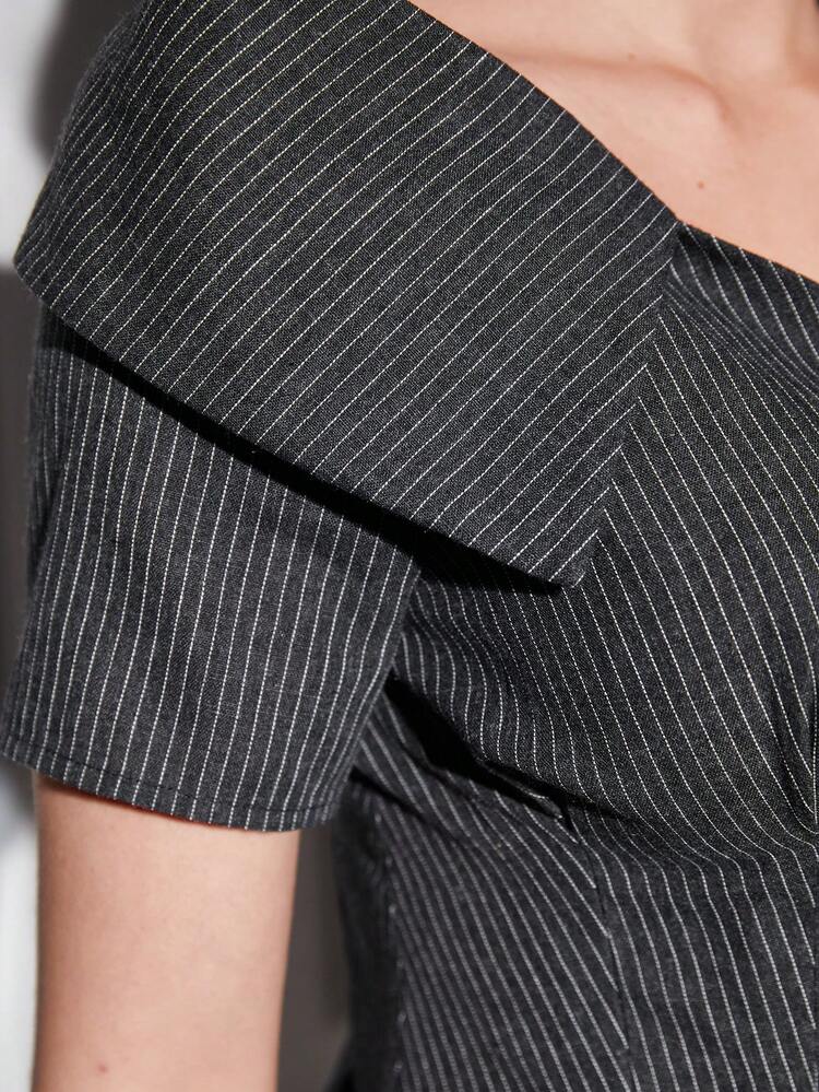 Striped Zipper Front Blouse With Pleated Hem And Flared Pants With Slits 2 Pieces Set