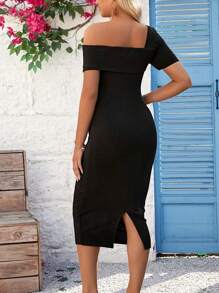 SHEIN 純色不對稱領孕婦連衣裙 - 黑色 - 查看 3