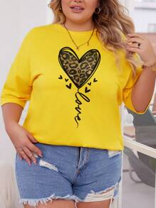 INAWLY 大码豹纹印花心形和字母印花落肩夏季 T 恤，图案猎豹印花 T 恤，女式上衣 - 黃色 - 查看 4