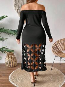 Celure Vestido De Talla Grande Con Hombros Descubiertos, Color Sólido, Con Borde Hueco - Negro - Ver 2