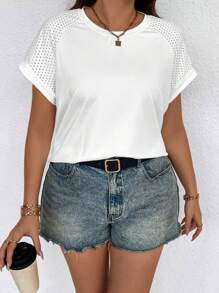 SHEIN LUNE Plus Size Contrast Mesh Design Round Neck Batwing Sleeve Summer T-Shirt - White - View 5