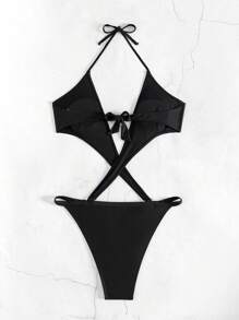 SHEIN Swim Solid Color Hollow Out Halter Neck One Piece Swimsuit Summer