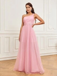 SHEIN Belle Women's Baby Pink Mesh Three-Dimensional Flower One-Shoulder High Waist A-Line High Slit Extra Long Tail Elegant Formal Prom Spring Wedding Dress - Baby Pink - View 2