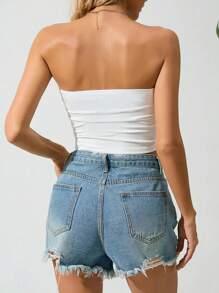 SHEIN Essnce 女士純色無肩帶上衣 - 軍綠色 - 查看 6