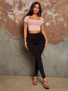 SHEIN SXY 音樂節西式休閒時尚女士黑色針織性感度假夜總會運動熱女孩迷人高腰褶皺束腰細節裙裝拉緊束腰長褲 - 黑色 - 查看 6