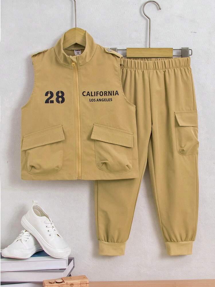 Young Boy's Letter Printed Stand Collar Zipper Front Sleeveless Jacket And Cargo Pants 2pcs/Set