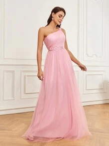 SHEIN Belle Women's Baby Pink Mesh Three-Dimensional Flower One-Shoulder High Waist A-Line High Slit Extra Long Tail Elegant Formal Prom Spring Wedding Dress - Baby Pink - View 5