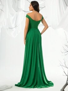 Women's Off Shoulder Rhinestone Embellished Long High-End Evening Dress With Elegant - Green - View 2