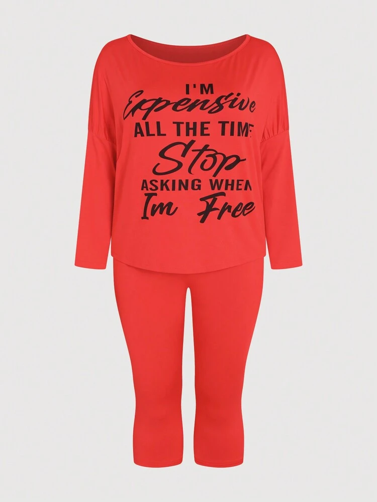 Plus Size Casual Slogan Printed Long Sleeve Top And Pants Set Fall Cloth For Women