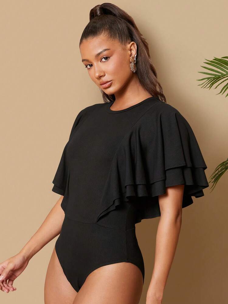 Solid Color Ruffle Sleeve Slim Fit Bodysuit