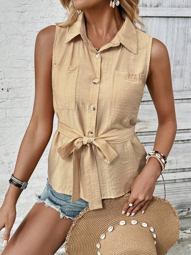 Solid Color Sleeveless Button-Front Shirt