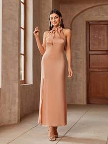 SHEIN Belle Vestido De Dama De Honor Sólido Con Corbata En El Cuello Y Raja En Los Muslos