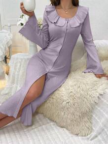 Ruffle Trimmed Button Front Sleep Dress Pajama Dress With Flared Sleeves - Purple - View 6