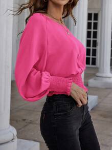 SHEIN Clasi Solid Color Lantern Sleeve Wrap Waist Shirt - Watermelon Pink - View 5