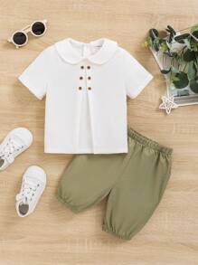 SHEIN Leap Crew Baby Boy Peter Pan Collar Decorative Button Sweatshirt And Solid Color Shorts Set - Mint Green - View 7