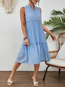 SHEIN VCAY Vestido Sólido Texturizado Con Cuello Alto Anudado Y Dobladillo Con Volantes - Azul - Ver 5