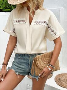 SHEIN LUNE Blusa De Manga Larga Con Hombros De Encaje Y Cuello En V Con Muesca, Hueco Para Mujer - Albaricoque - Ver 4