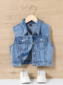 SHEIN Tween Girl's Y2K Spring Summer  Boho Water Wash Casual Fashionable College Style Sleeveless Denim Jacket