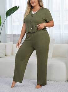 Plus Size Lace & Hollow Out Trim Cami Top With Shorts Pajama Set - Army Green - View 4