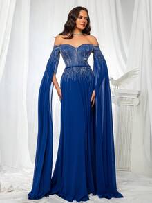 Elegant Off Shoulder Sequined Evening Party Dress - Royal Blue - View 4