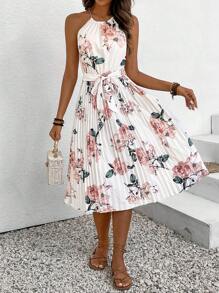 SHEIN Frenchy Của phụ nữ In hoa Xếp li Halter Neck Đầm - Nhiều màu - Xem 4