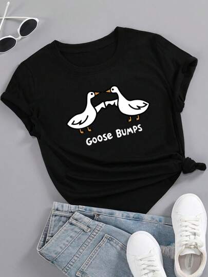 Flirla Plus Size Women Ducky Letter Printed Short Sleeve T-Shirt, Graphic Tee, Women Summer Top