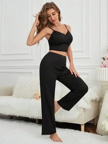 Comfortable Pajama Set With Patchwork Lace And 3d Floral Embellishments - Black - View 6