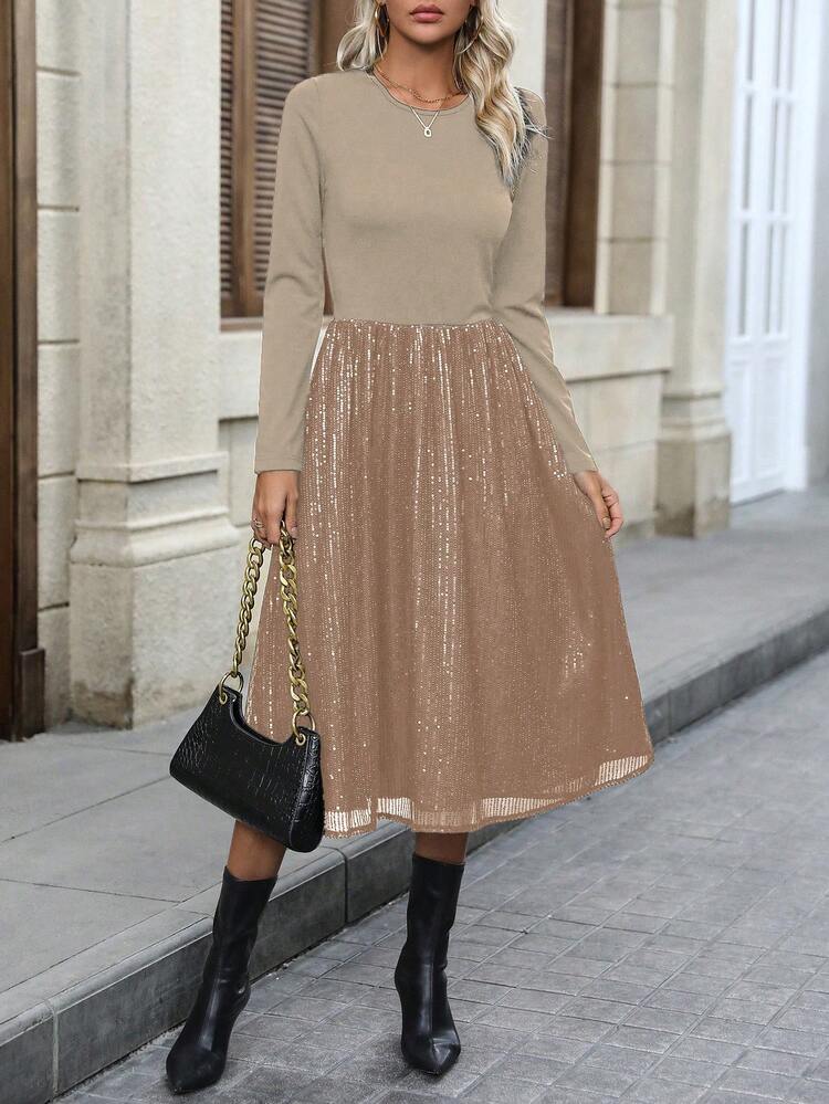 Patchwork Sequin Decor Waist-Hugging Long Sleeve Dress