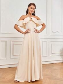 SHEIN Belle Women's Romantic Elegant Apricot Skin-Friendly Woven Fabric Suspender Belt Off-Shoulder Neckline With Ruffles A-Line Bridesmaid Dress - Apricot - View 4